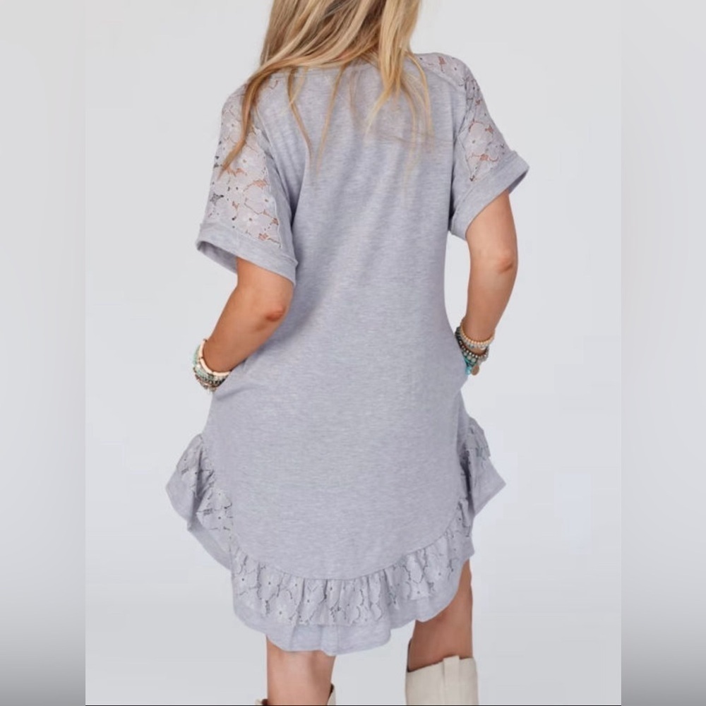 Light Gray Lace Floral Patchwork Ruffled T-Shirt Dress - Picture 2 of 9